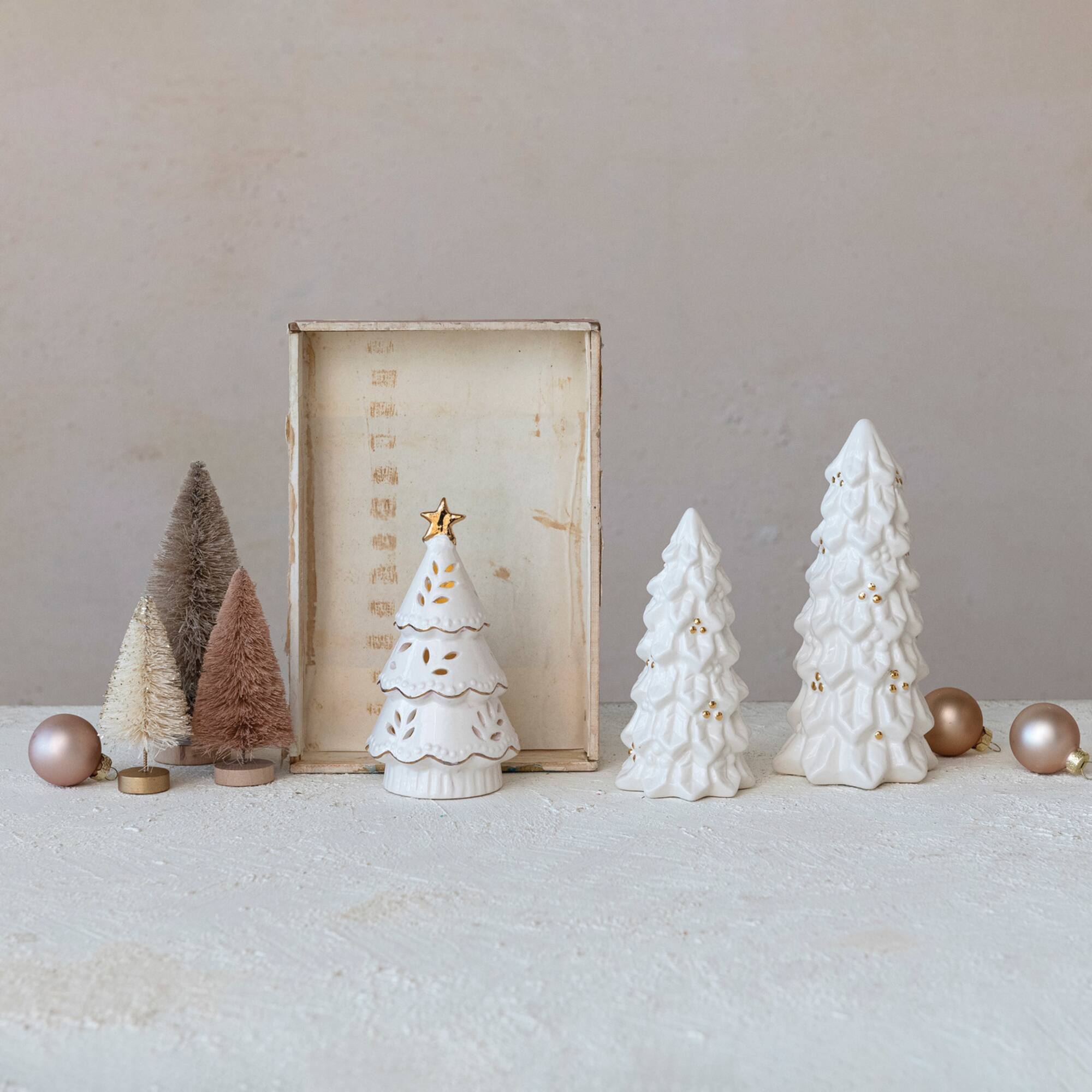 Hello Honey® Cream LED Stoneware Christmas Trees with Gold Electroplating Set